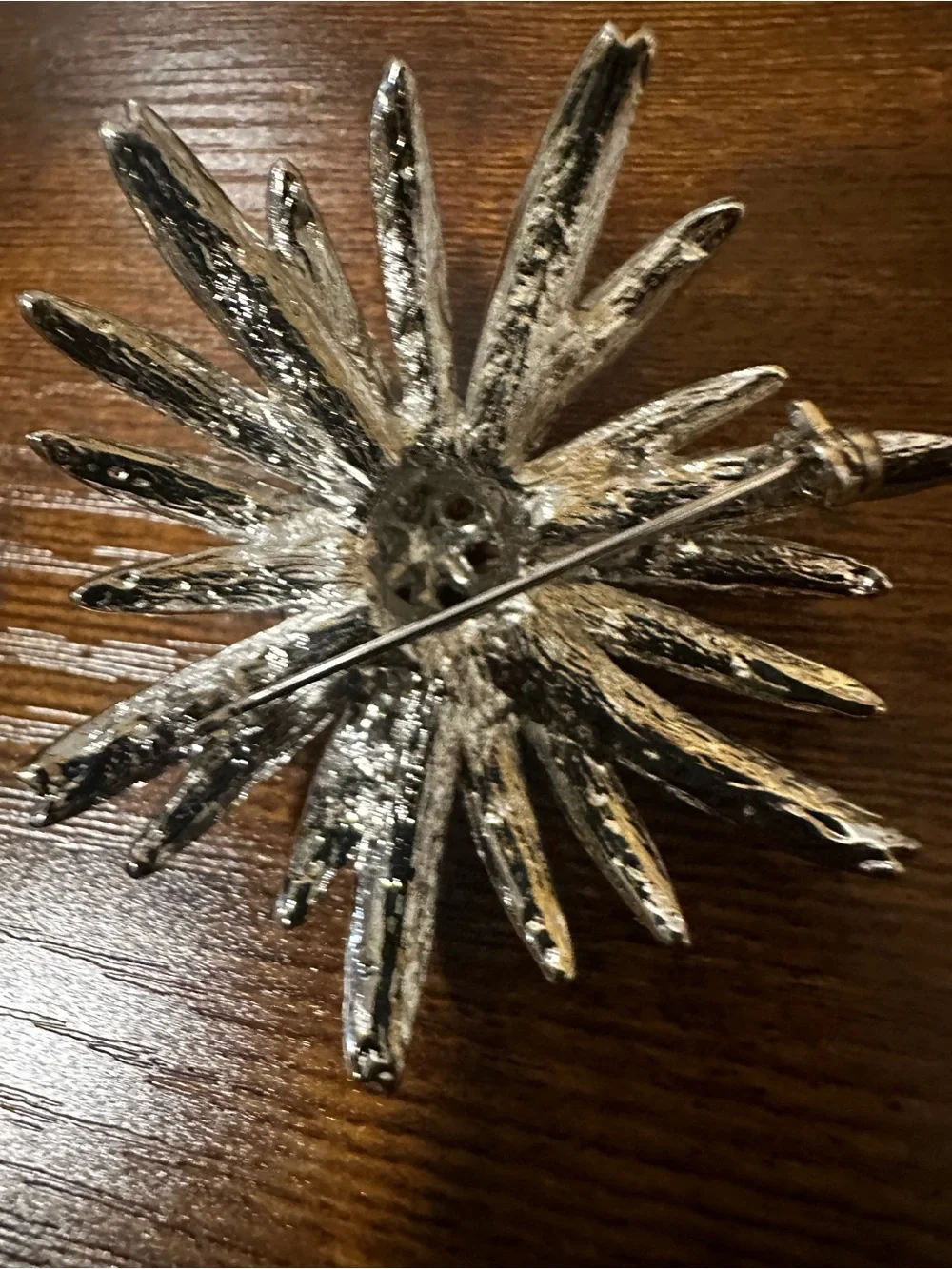 Silver Flower Brooch with Black and Clear Rhinestones